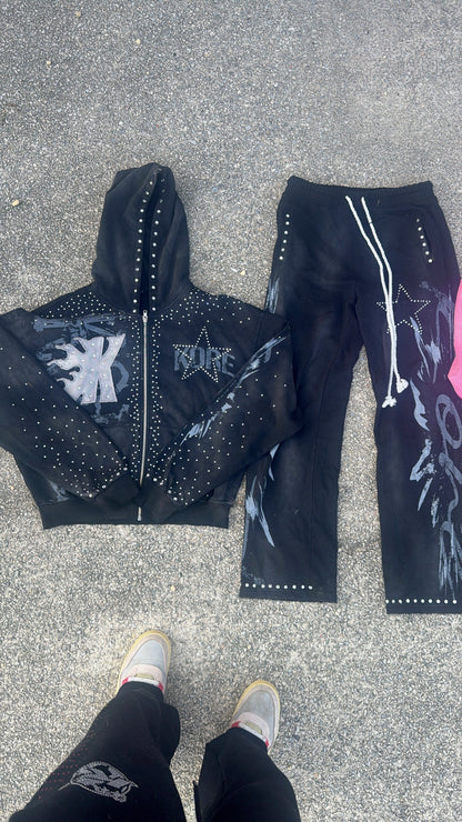 Black & Pink Rhinestone Zip-Up Hoodie
