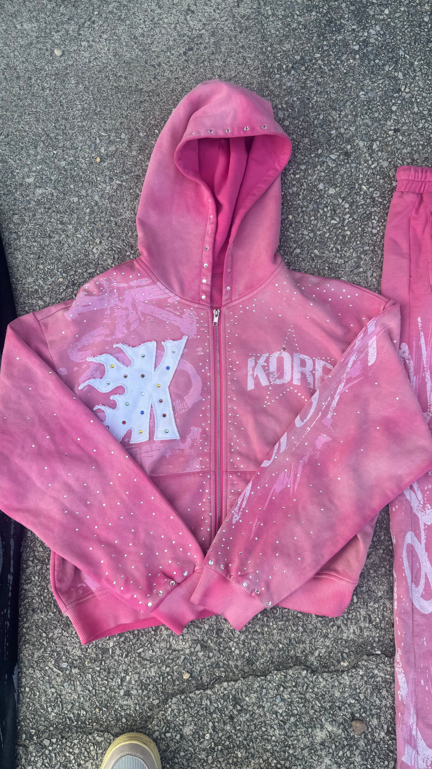 Black & Pink Rhinestone Zip-Up Hoodie