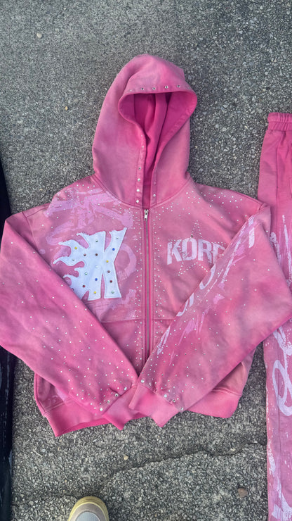 Black & Pink Rhinestone Zip-Up Hoodie